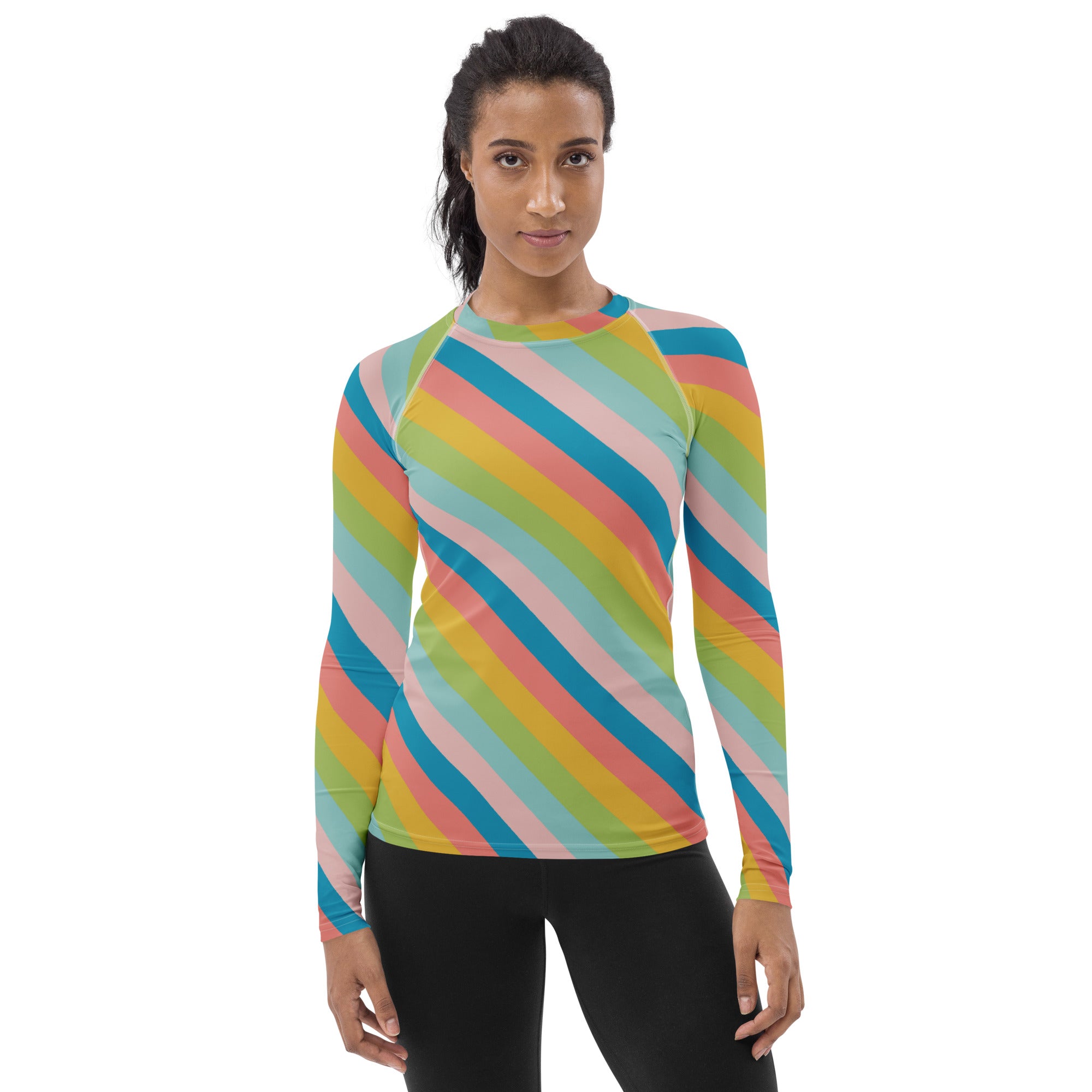 Women's Colorful Diagonal Striped Long Sleeve Rash Guard Swim Shirt – Buttery Soft, Sun Safe UPF 50+ Protection, Quick Dry & 4-Way Stretch Comfort