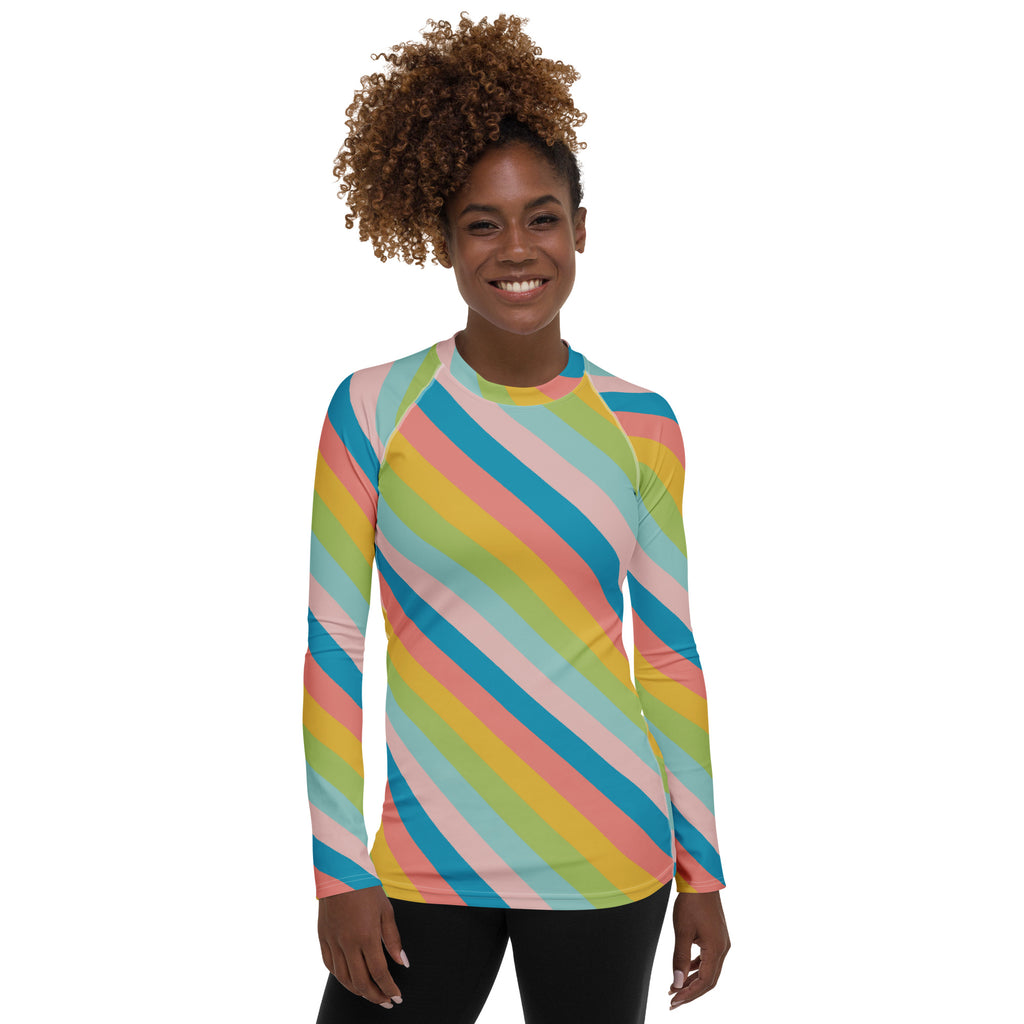 Women's Colorful Diagonal Striped Long Sleeve Rash Guard Swim Shirt – Buttery Soft, Sun Safe UPF 50+ Protection, Quick Dry & 4-Way Stretch Comfort