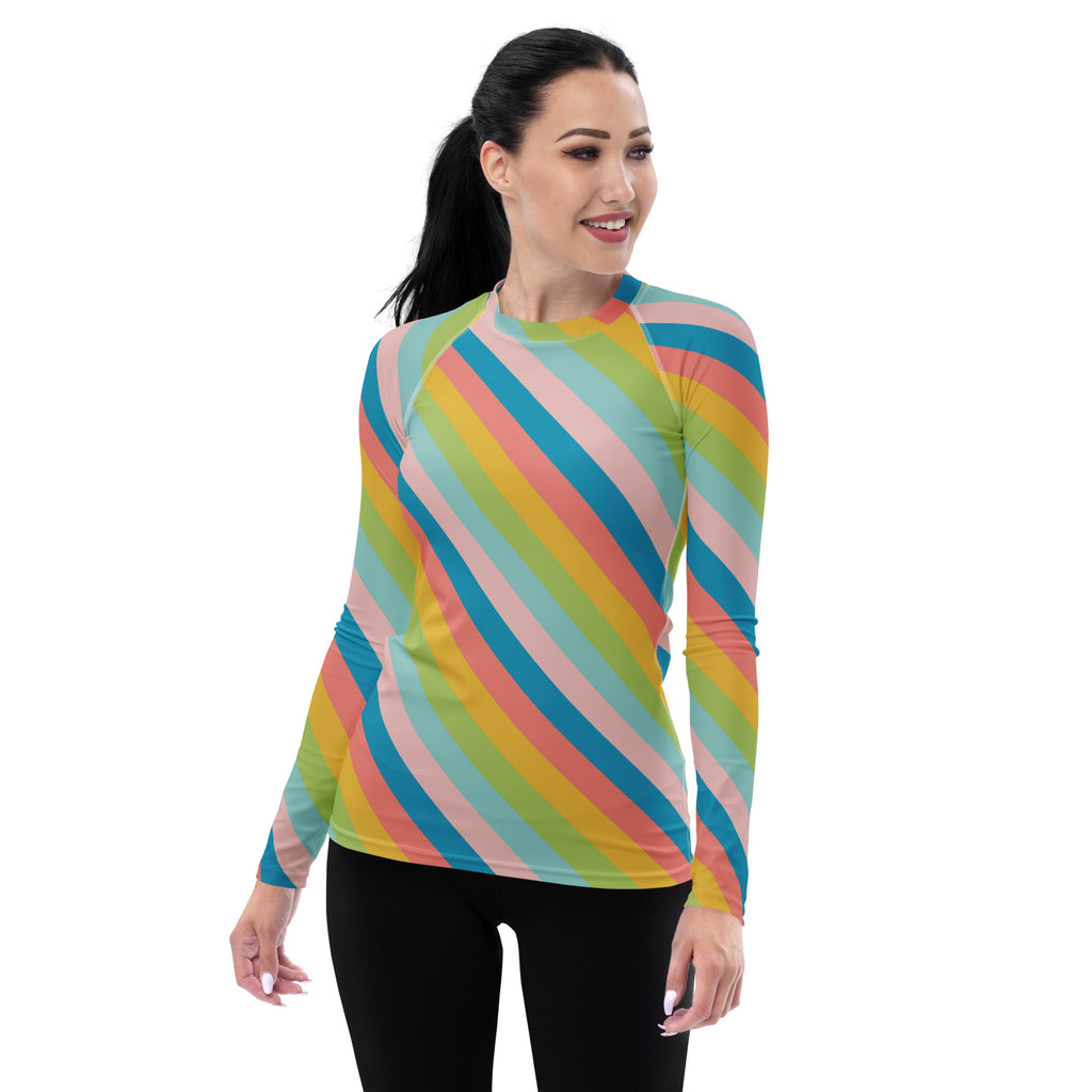 Women's Colorful Diagonal Striped Long Sleeve Rash Guard Swim Shirt – Buttery Soft, Sun Safe UPF 50+ Protection, Quick Dry & 4-Way Stretch Comfort