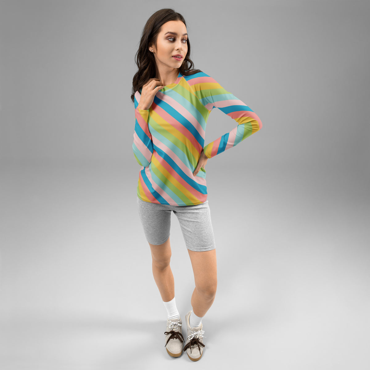 Women's Colorful Diagonal Striped Long Sleeve Rash Guard Swim Shirt – Buttery Soft, Sun Safe UPF 50+ Protection, Quick Dry & 4-Way Stretch Comfort