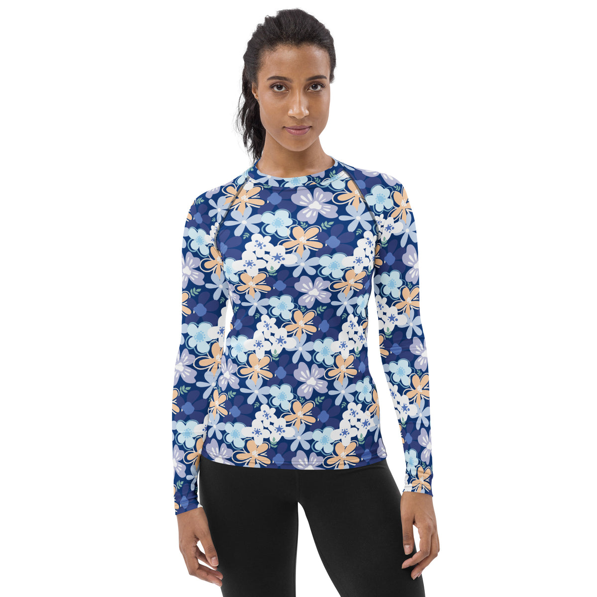 Women's Tropical Blue Floral Long Sleeve Rash Guard Swim Shirt – Buttery Soft, Sun Safe UPF 50+ Protection, Quick Dry & 4-Way Stretch Comfort