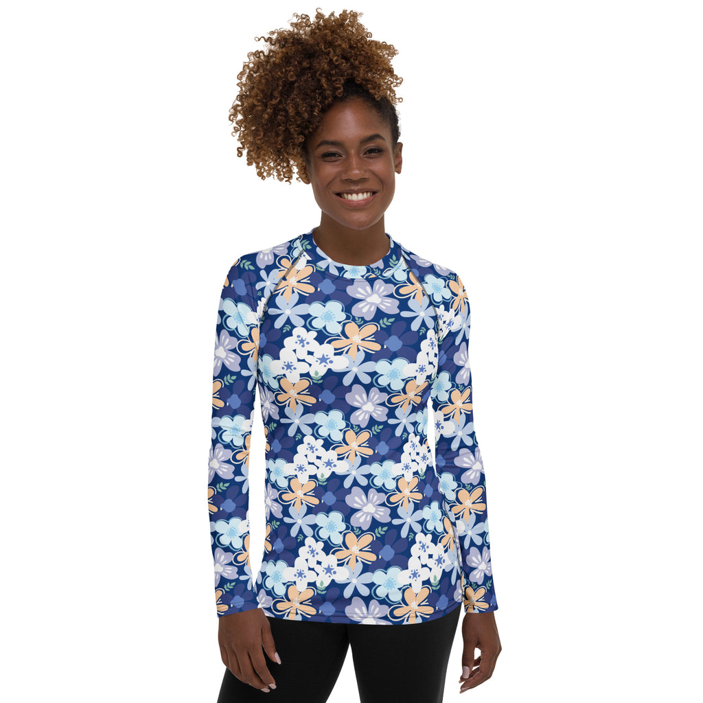 Women's Tropical Blue Floral Long Sleeve Rash Guard Swim Shirt – Buttery Soft, Sun Safe UPF 50+ Protection, Quick Dry & 4-Way Stretch Comfort
