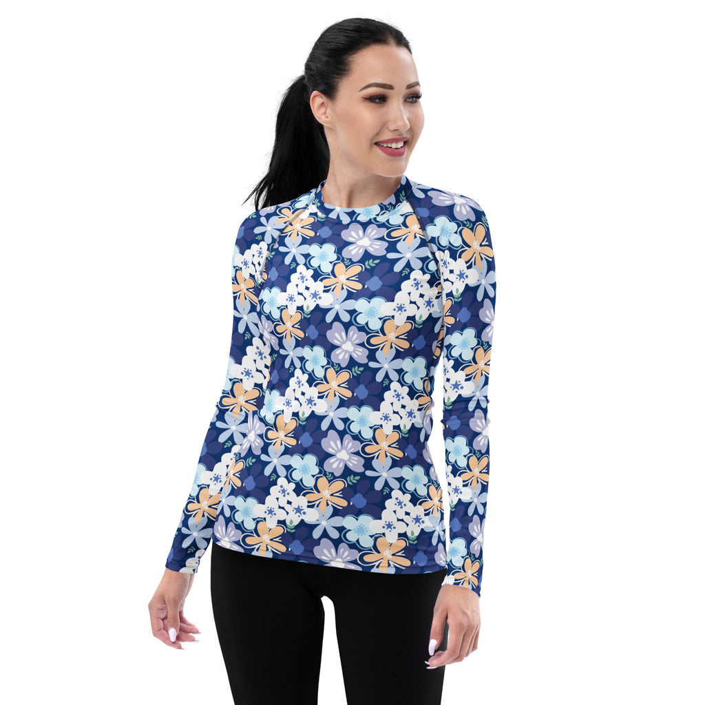 Women's Tropical Blue Floral Long Sleeve Rash Guard Swim Shirt – Buttery Soft, Sun Safe UPF 50+ Protection, Quick Dry & 4-Way Stretch Comfort