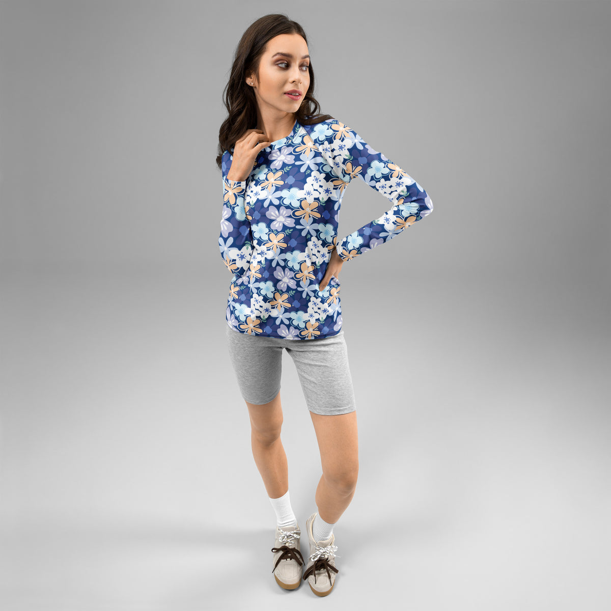 Women's Tropical Blue Floral Long Sleeve Rash Guard Swim Shirt – Buttery Soft, Sun Safe UPF 50+ Protection, Quick Dry & 4-Way Stretch Comfort