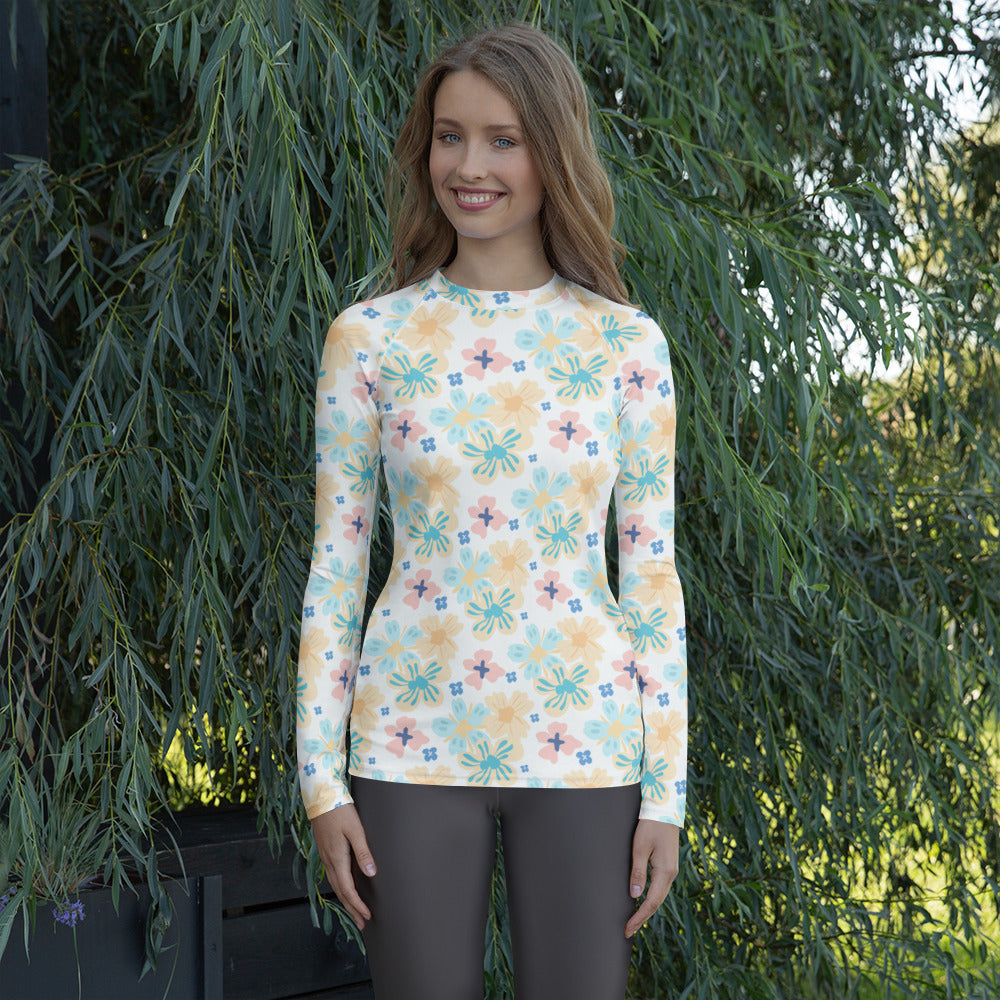Women's Tropical Pastel Floral Long Sleeve Rash Guard Swim Shirt – Buttery Soft, Sun Safe UPF 50+ Protection, Quick Dry & 4-Way Stretch Comfort