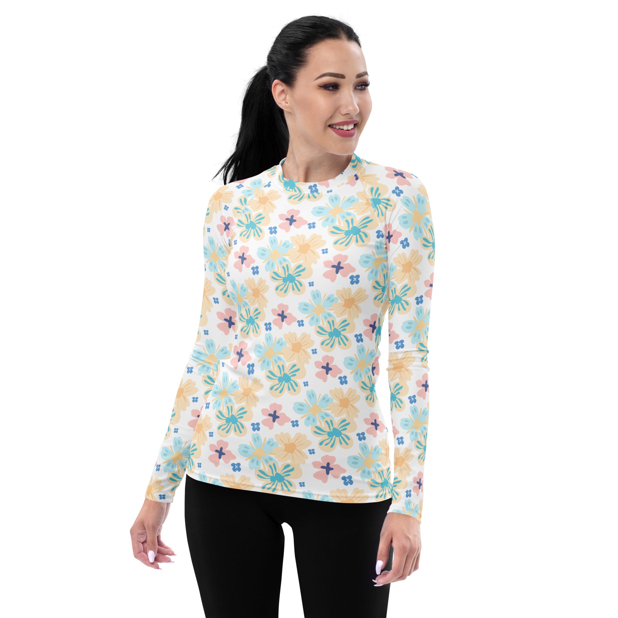 Women's Tropical Pastel Floral Long Sleeve Rash Guard Swim Shirt – Buttery Soft, Sun Safe UPF 50+ Protection, Quick Dry & 4-Way Stretch Comfort