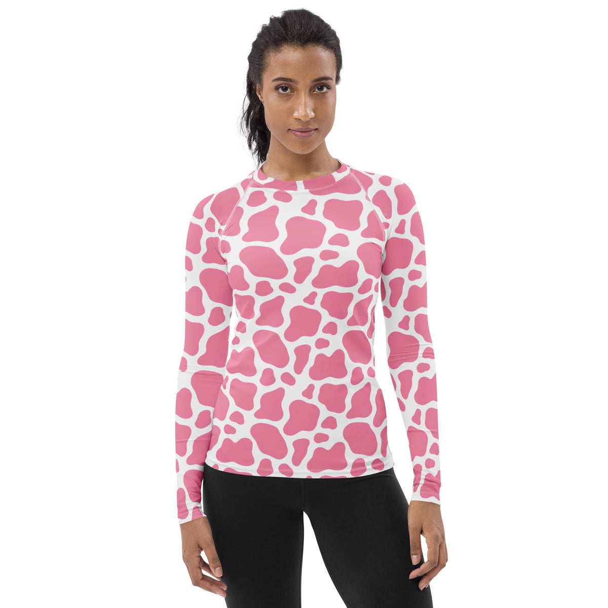 Women's Pink Cow Print Long Sleeve Rash Guard Swim Shirt – Buttery Soft, Sun Safe UPF 50+ Protection, Quick Dry & 4-Way Stretch Comfort