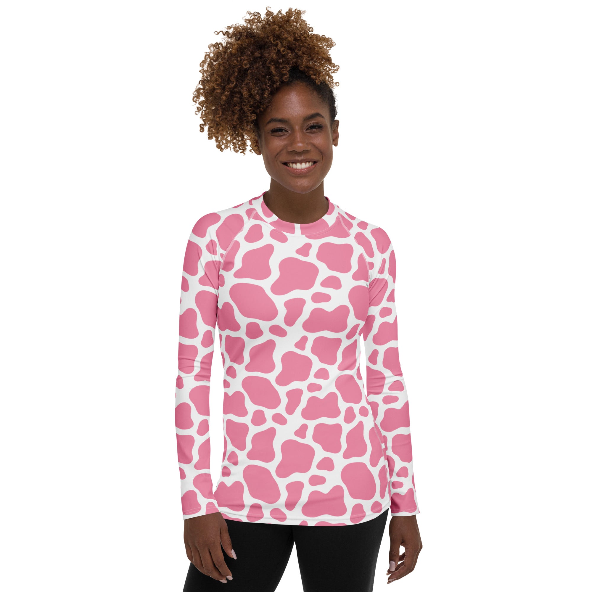 Women's Pink Cow Print Long Sleeve Rash Guard Swim Shirt – Buttery Soft, Sun Safe UPF 50+ Protection, Quick Dry & 4-Way Stretch Comfort