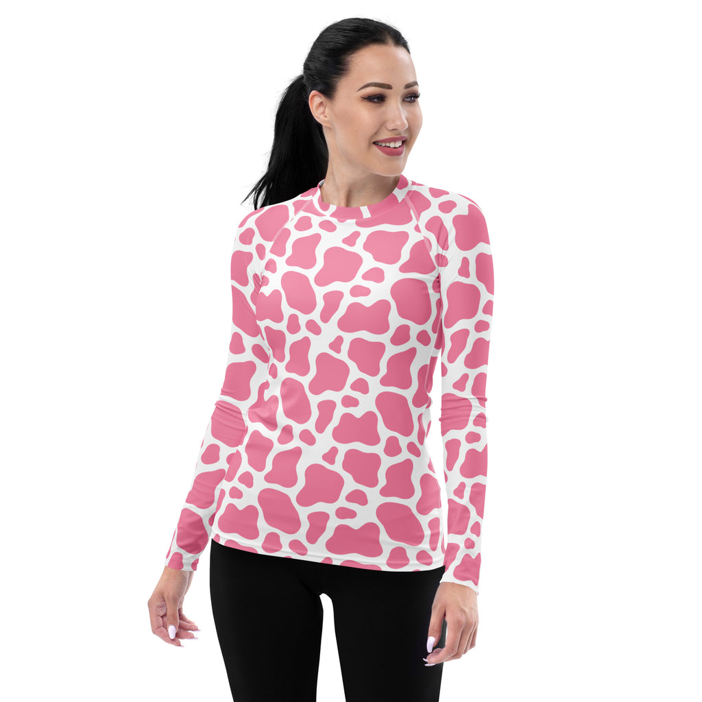 Women's Pink Cow Print Long Sleeve Rash Guard Swim Shirt – Buttery Soft, Sun Safe UPF 50+ Protection, Quick Dry & 4-Way Stretch Comfort