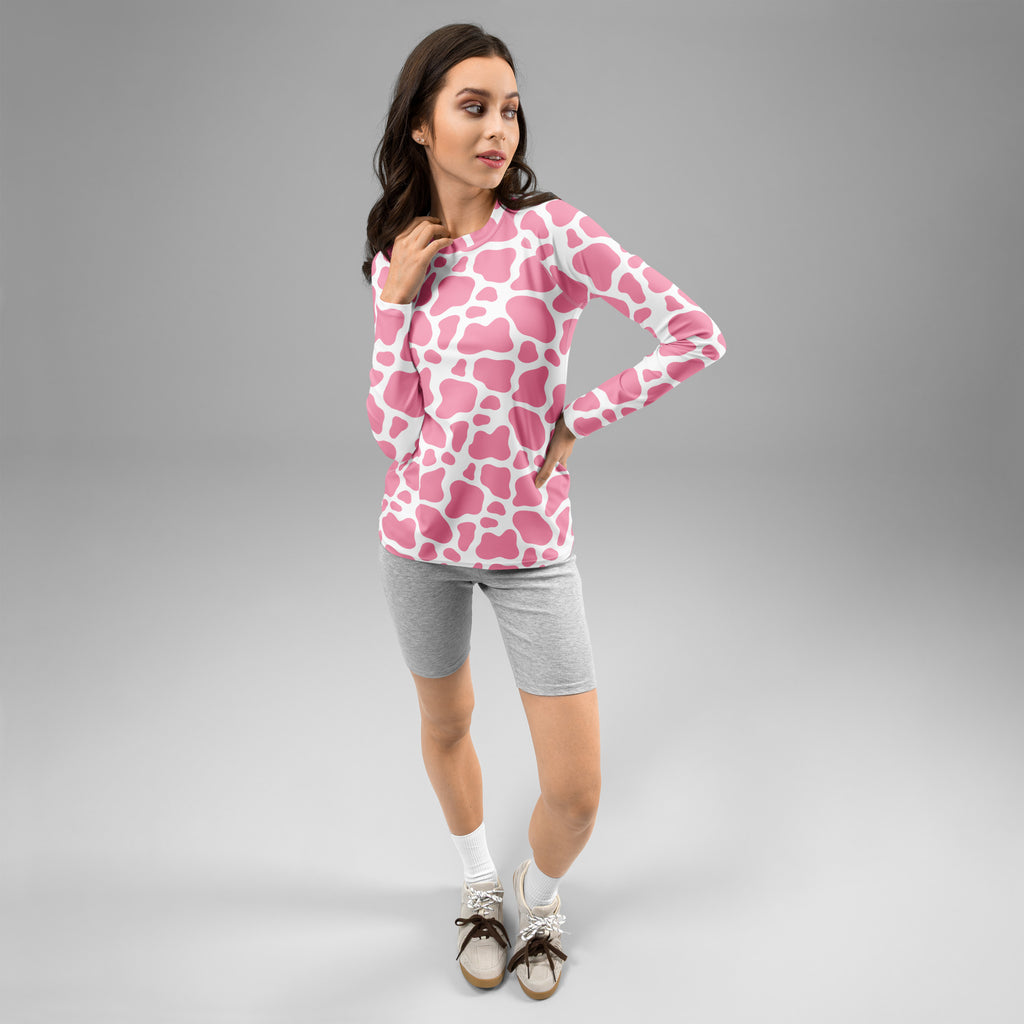 Women's Pink Cow Print Long Sleeve Rash Guard Swim Shirt – Buttery Soft, Sun Safe UPF 50+ Protection, Quick Dry & 4-Way Stretch Comfort