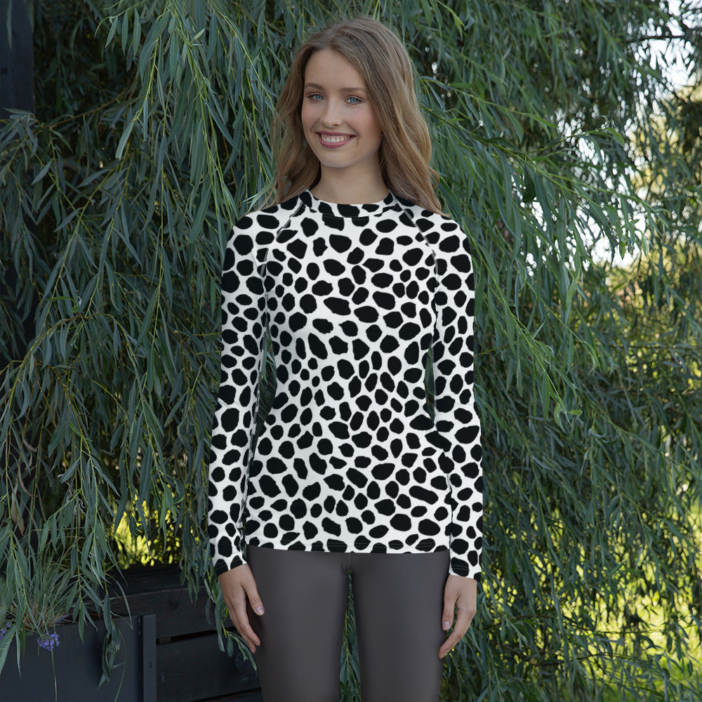 Women's Black & White Spotted Animal Print Long Sleeve Rash Guard Swim Shirt – Buttery Soft, Sun Safe UPF 50+ Protection, Quick Dry & 4-Way Stretch Comfort