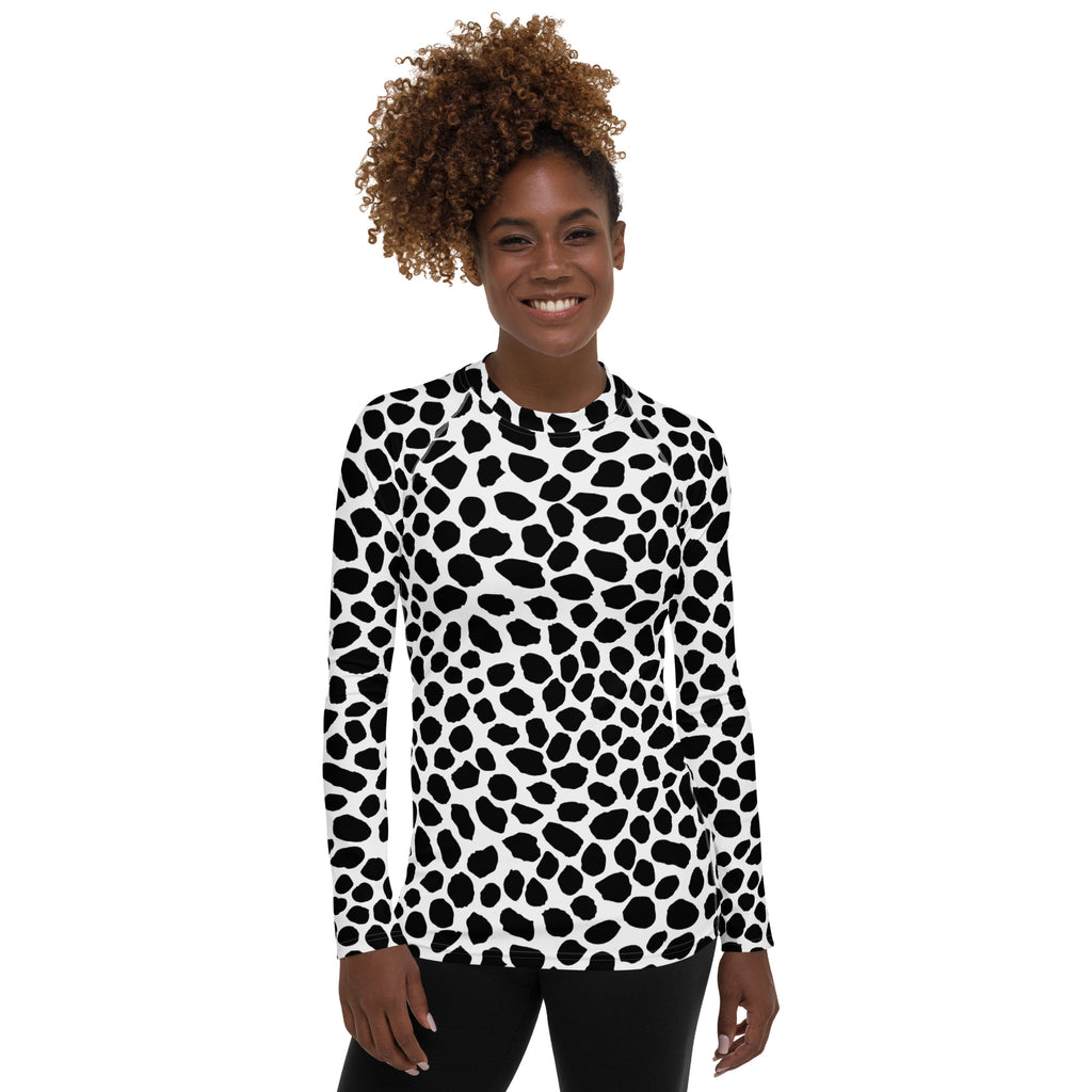 Women's Black & White Spotted Animal Print Long Sleeve Rash Guard Swim Shirt – Buttery Soft, Sun Safe UPF 50+ Protection, Quick Dry & 4-Way Stretch Comfort