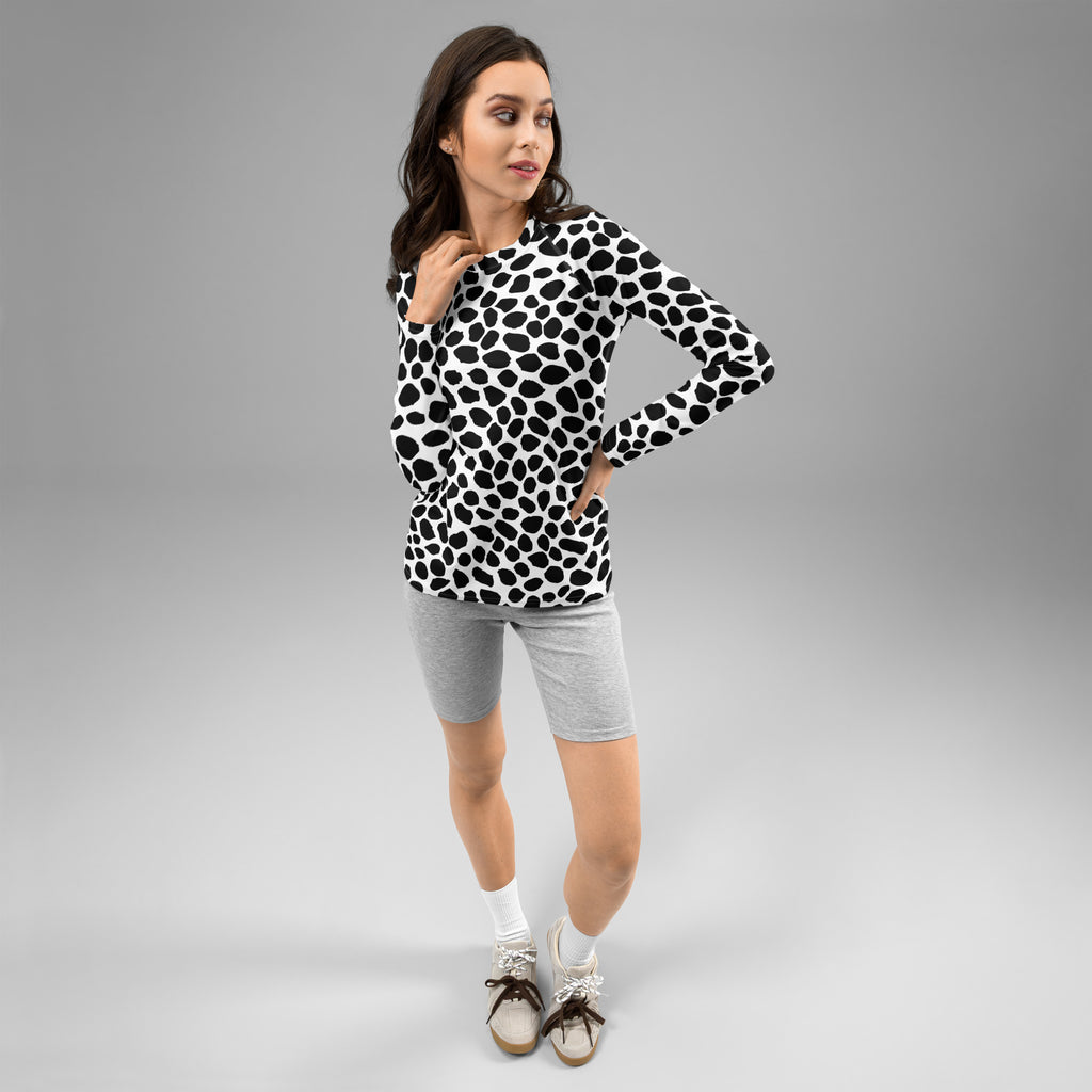 Women's Black & White Spotted Animal Print Long Sleeve Rash Guard Swim Shirt – Buttery Soft, Sun Safe UPF 50+ Protection, Quick Dry & 4-Way Stretch Comfort