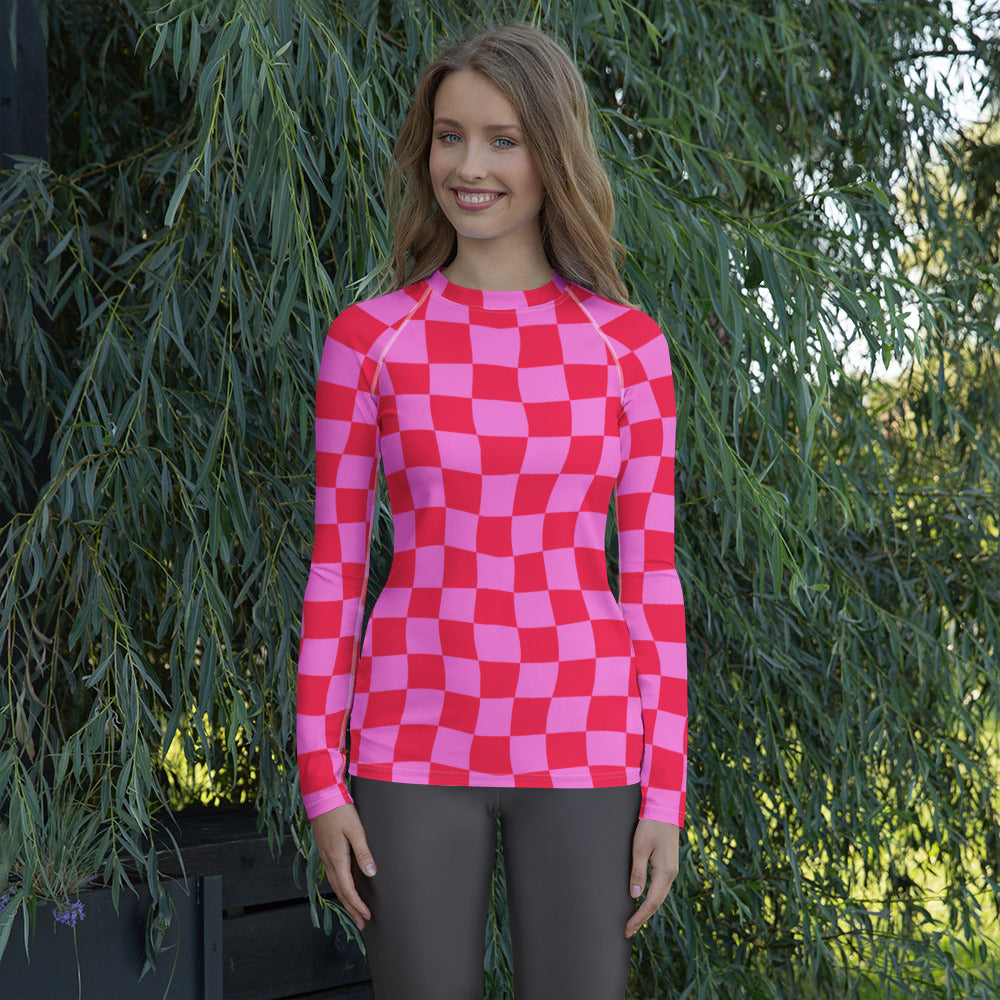Women's Neon Wavy Pink Checkerboard Long Sleeve Rash Guard Swim Shirt – Buttery Soft, Sun Safe UPF 50+ Protection, Quick Dry & 4-Way Stretch Comfort