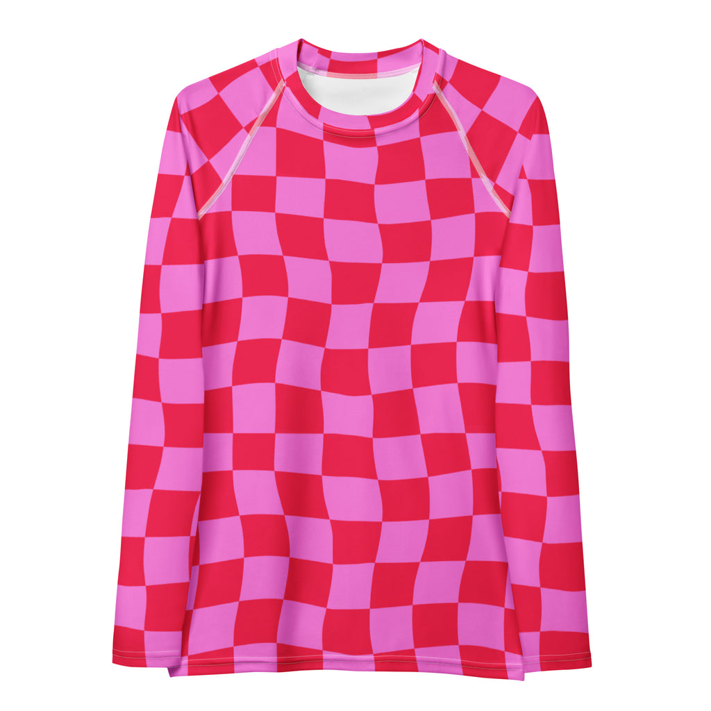 Women's Neon Wavy Pink Checkerboard Long Sleeve Rash Guard Swim Shirt – Buttery Soft, Sun Safe UPF 50+ Protection, Quick Dry & 4-Way Stretch Comfort