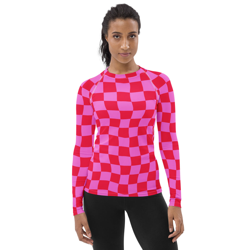 Women's Neon Wavy Pink Checkerboard Long Sleeve Rash Guard Swim Shirt – Buttery Soft, Sun Safe UPF 50+ Protection, Quick Dry & 4-Way Stretch Comfort