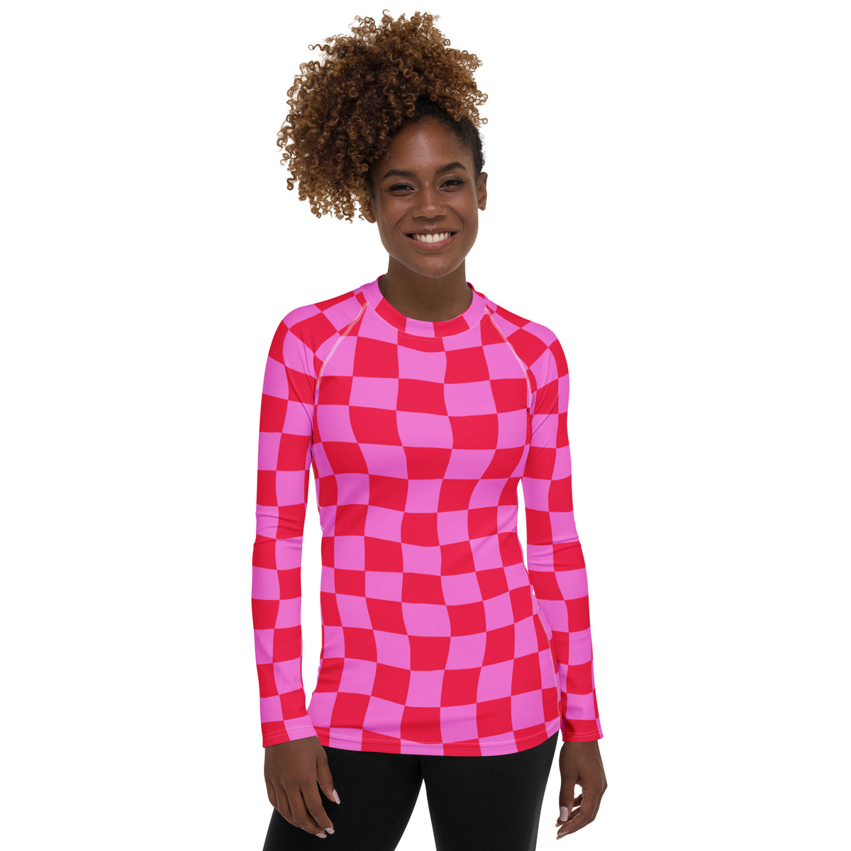 Women's Neon Wavy Pink Checkerboard Long Sleeve Rash Guard Swim Shirt – Buttery Soft, Sun Safe UPF 50+ Protection, Quick Dry & 4-Way Stretch Comfort