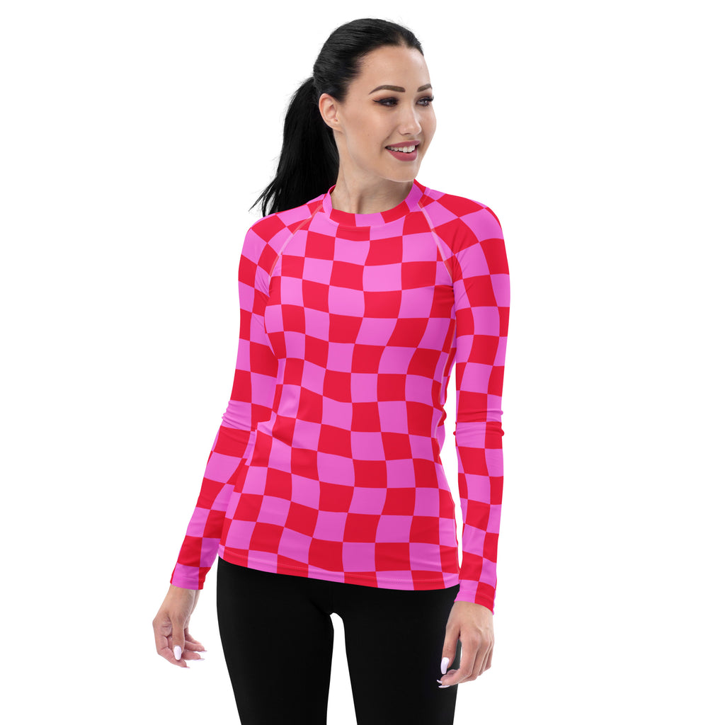Women's Neon Wavy Pink Checkerboard Long Sleeve Rash Guard Swim Shirt – Buttery Soft, Sun Safe UPF 50+ Protection, Quick Dry & 4-Way Stretch Comfort