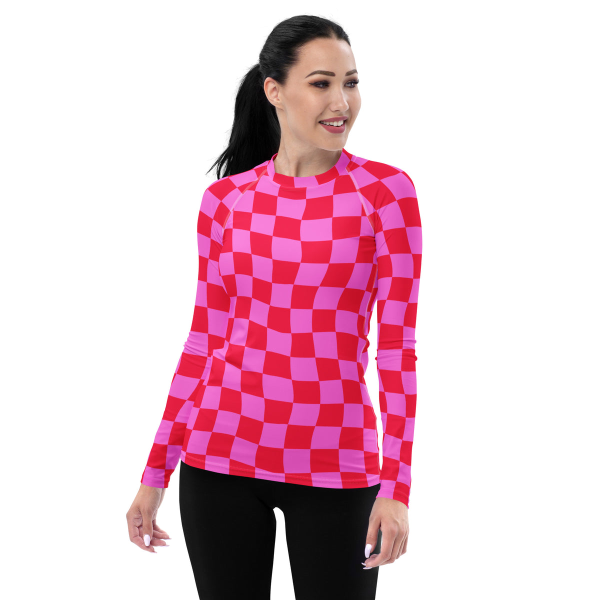 Women's Neon Wavy Pink Checkerboard Long Sleeve Rash Guard Swim Shirt – Buttery Soft, Sun Safe UPF 50+ Protection, Quick Dry & 4-Way Stretch Comfort