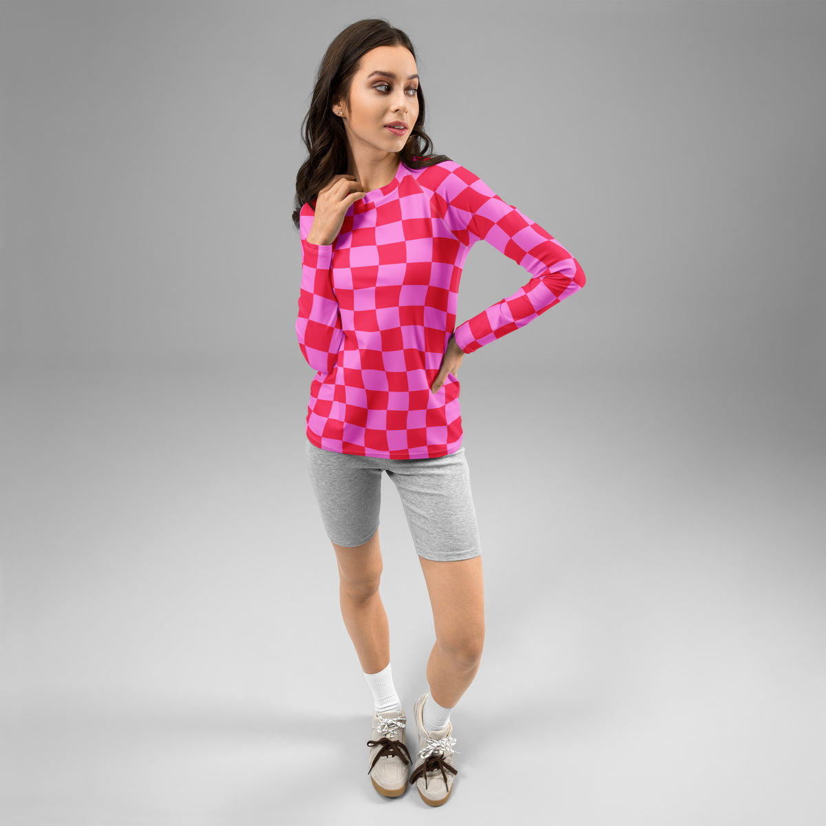 Women's Neon Wavy Pink Checkerboard Long Sleeve Rash Guard Swim Shirt – Buttery Soft, Sun Safe UPF 50+ Protection, Quick Dry & 4-Way Stretch Comfort