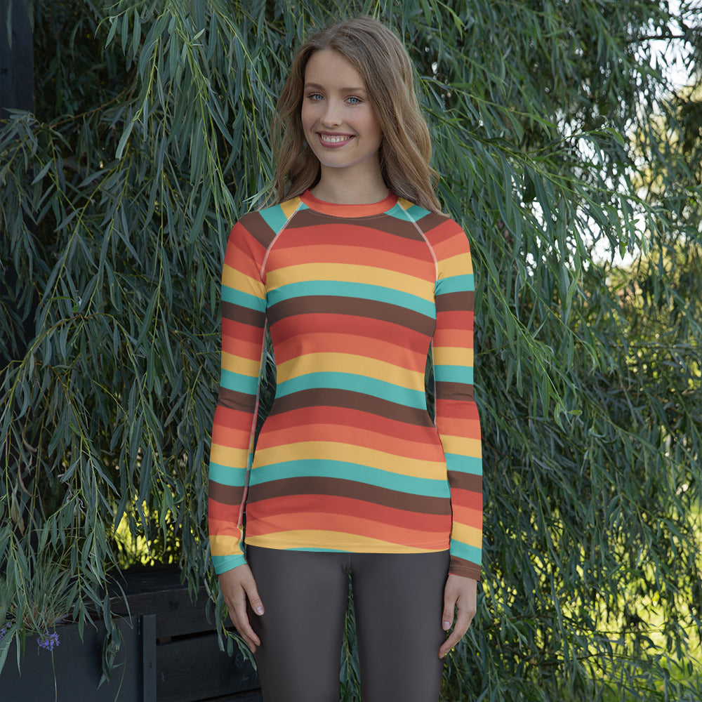 Women's Teal Orange Brown & Yellow Wavy Stripe Long Sleeve Rash Guard Swim Shirt – Buttery Soft, Sun Safe UPF 50+ Protection, Quick Dry & 4-Way Stretch Comfort