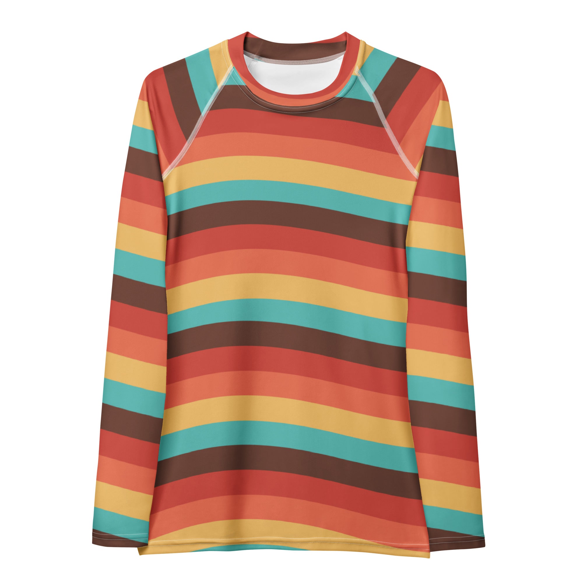 Women's Teal Orange Brown & Yellow Wavy Stripe Long Sleeve Rash Guard Swim Shirt – Buttery Soft, Sun Safe UPF 50+ Protection, Quick Dry & 4-Way Stretch Comfort