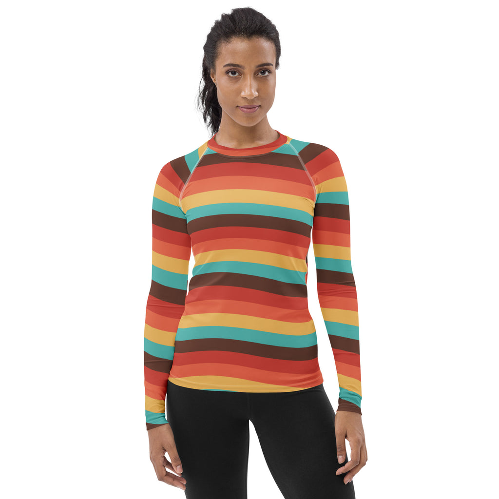 Women's Teal Orange Brown & Yellow Wavy Stripe Long Sleeve Rash Guard Swim Shirt – Buttery Soft, Sun Safe UPF 50+ Protection, Quick Dry & 4-Way Stretch Comfort