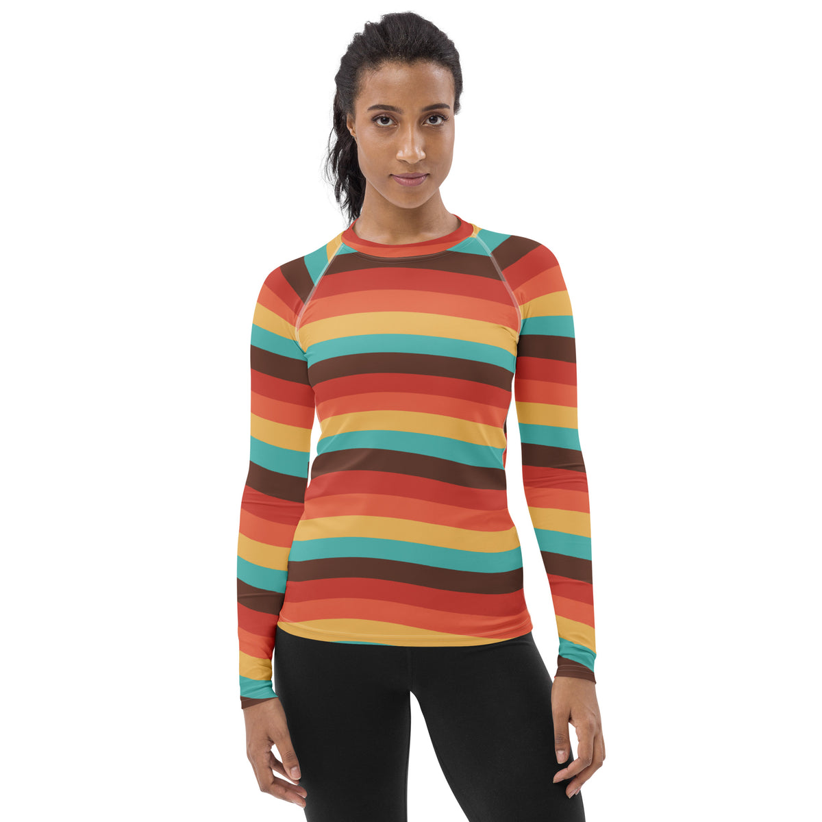 Women's Teal Orange Brown & Yellow Wavy Stripe Long Sleeve Rash Guard Swim Shirt – Buttery Soft, Sun Safe UPF 50+ Protection, Quick Dry & 4-Way Stretch Comfort