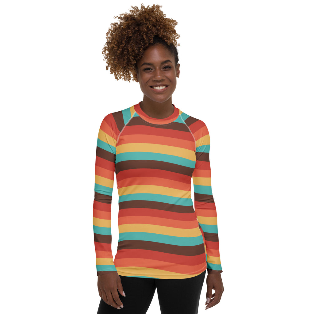 Women's Teal Orange Brown & Yellow Wavy Stripe Long Sleeve Rash Guard Swim Shirt – Buttery Soft, Sun Safe UPF 50+ Protection, Quick Dry & 4-Way Stretch Comfort
