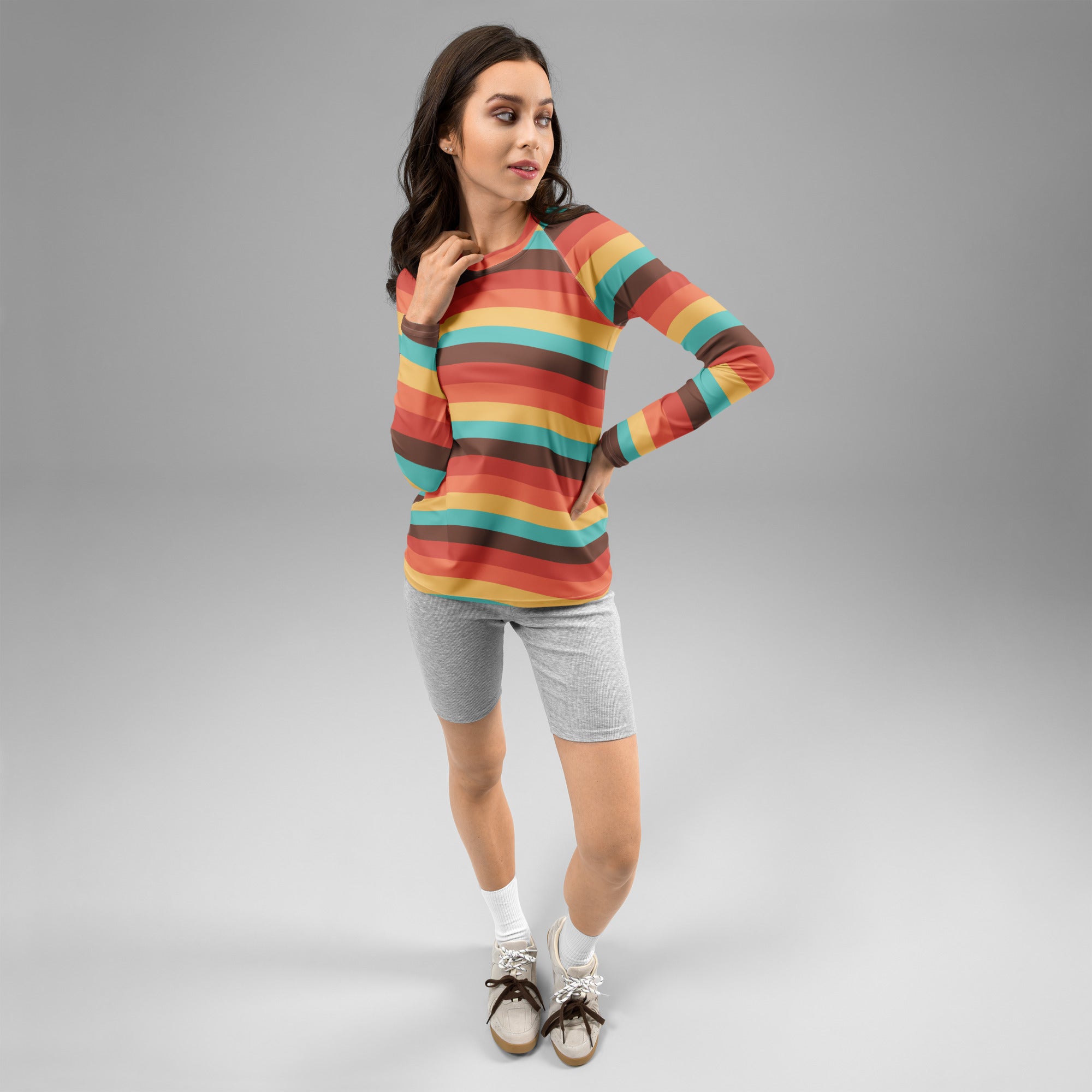 Women's Teal Orange Brown & Yellow Wavy Stripe Long Sleeve Rash Guard Swim Shirt – Buttery Soft, Sun Safe UPF 50+ Protection, Quick Dry & 4-Way Stretch Comfort