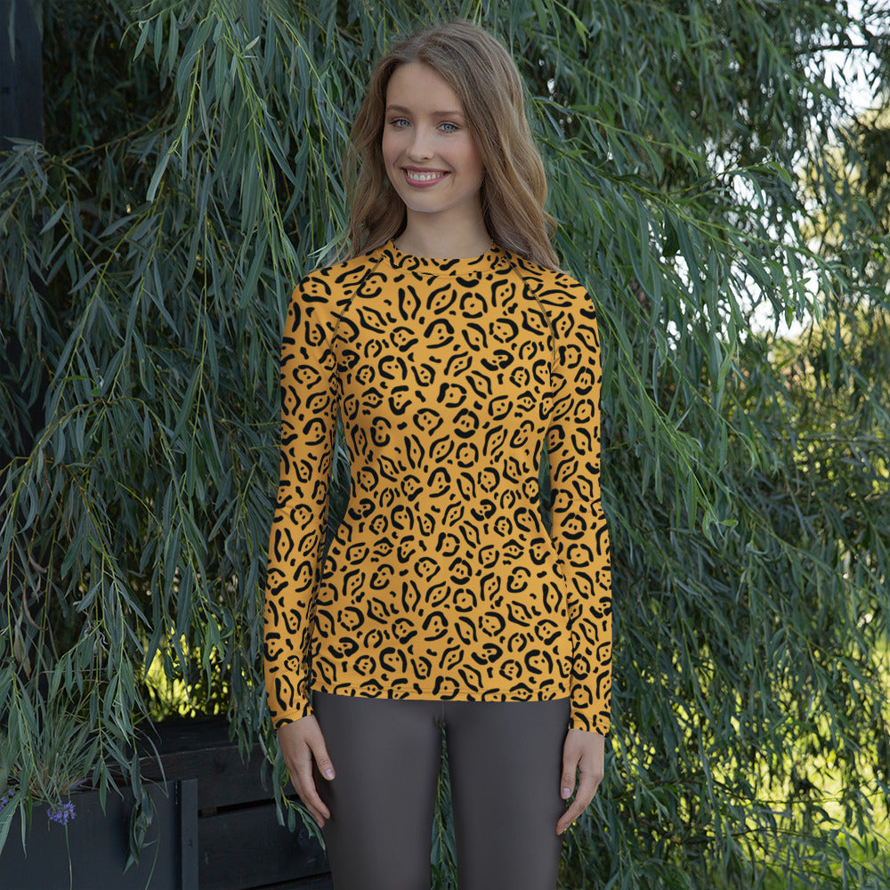 Women's Golden Leopard Print Long Sleeve Rash Guard Swim Shirt – Buttery Soft, Sun Safe UPF 50+ Protection, Quick Dry & 4-Way Stretch Comfort