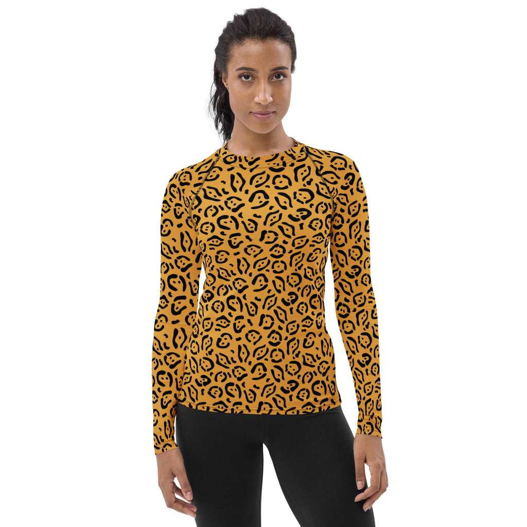 Women's Golden Leopard Print Long Sleeve Rash Guard Swim Shirt – Buttery Soft, Sun Safe UPF 50+ Protection, Quick Dry & 4-Way Stretch Comfort