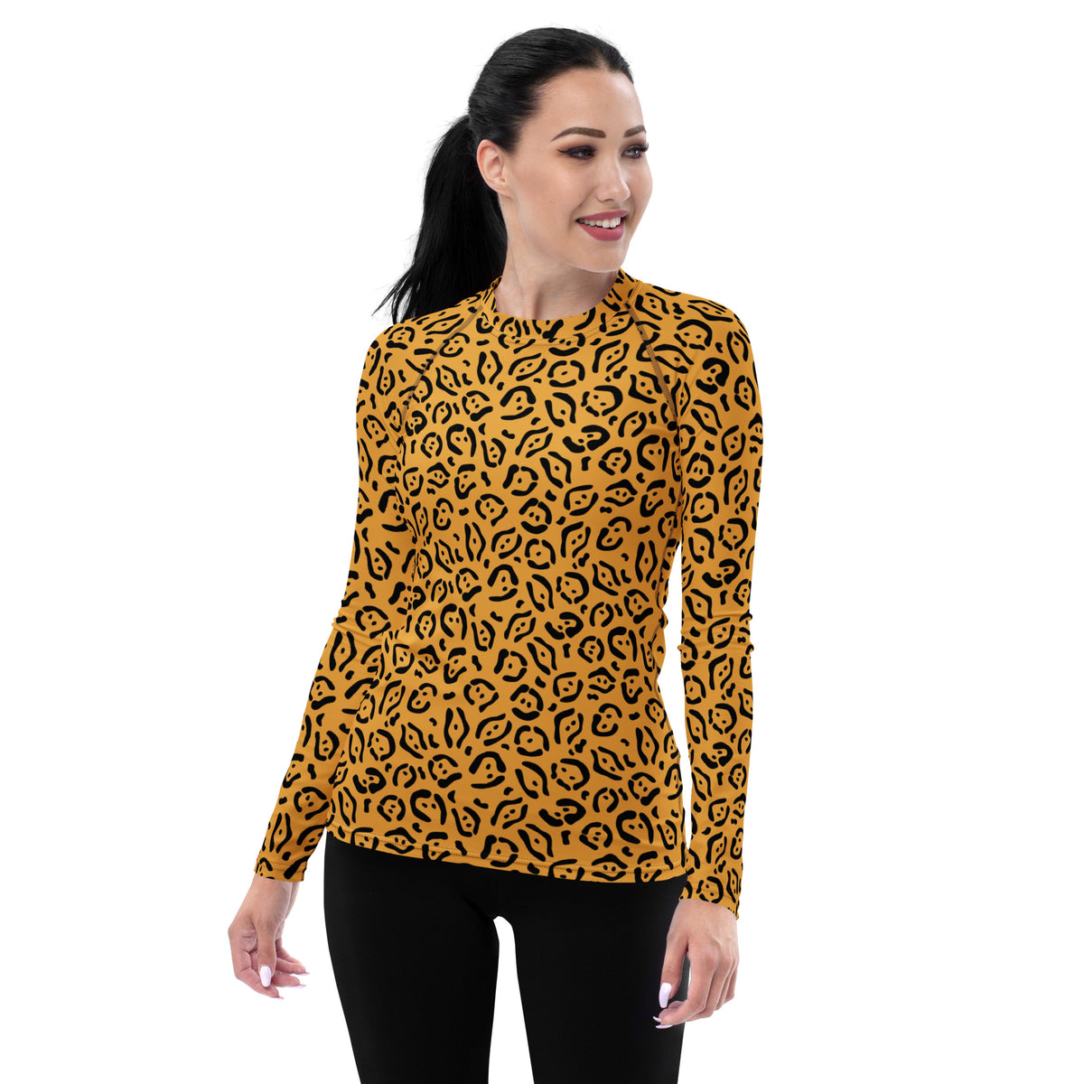Women's Golden Leopard Print Long Sleeve Rash Guard Swim Shirt – Buttery Soft, Sun Safe UPF 50+ Protection, Quick Dry & 4-Way Stretch Comfort