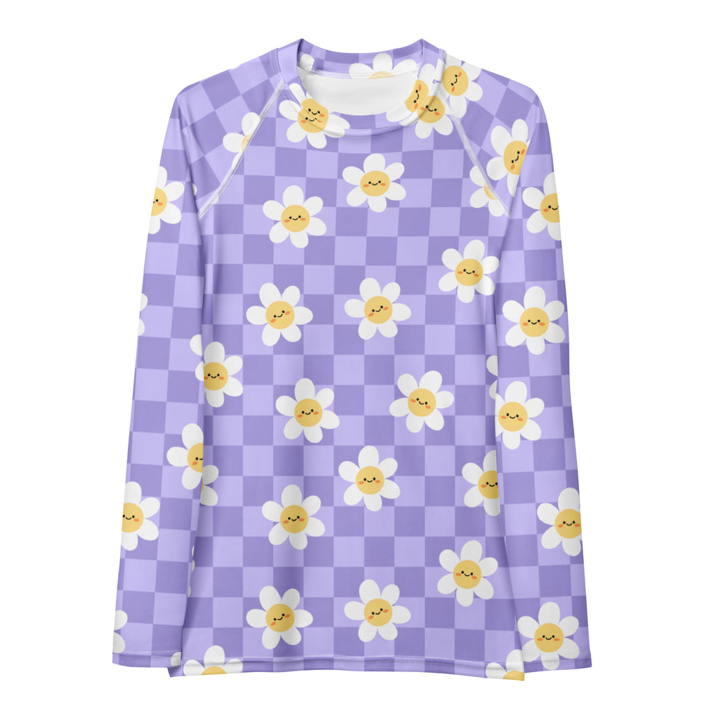 Women's Purple Checkerboard Daisy Long Sleeve Rash Guard Swim Shirt – Buttery Soft, Sun Safe UPF 50+ Protection, Quick Dry & 4-Way Stretch Comfort