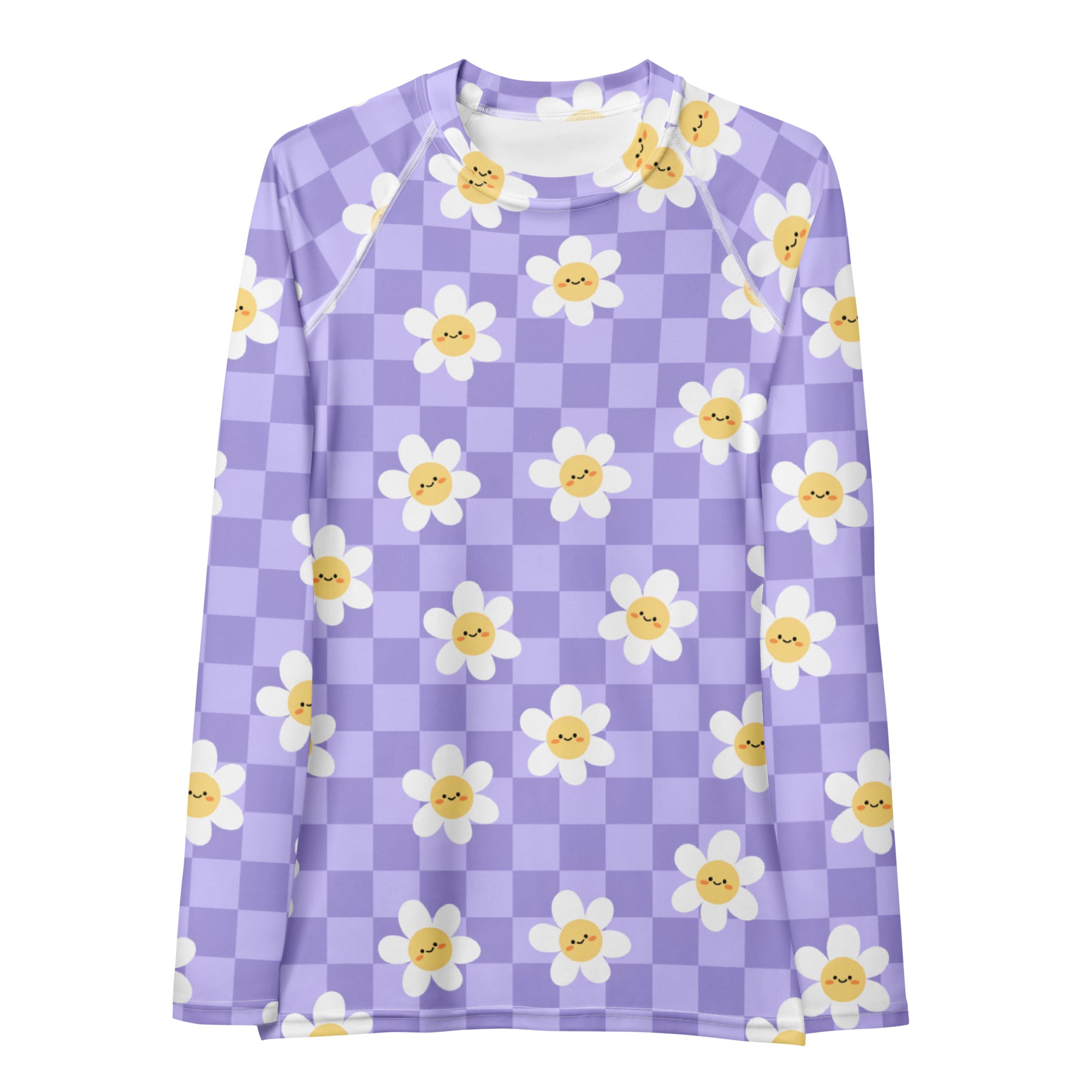 Women's Purple Checkerboard Daisy Long Sleeve Rash Guard Swim Shirt – Buttery Soft, Sun Safe UPF 50+ Protection, Quick Dry & 4-Way Stretch Comfort