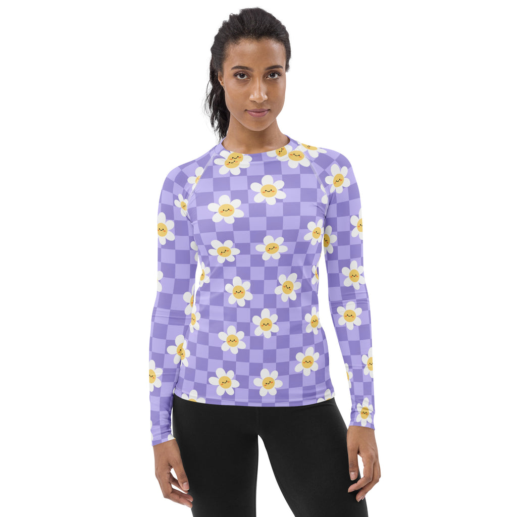 Women's Purple Checkerboard Daisy Long Sleeve Rash Guard Swim Shirt – Buttery Soft, Sun Safe UPF 50+ Protection, Quick Dry & 4-Way Stretch Comfort