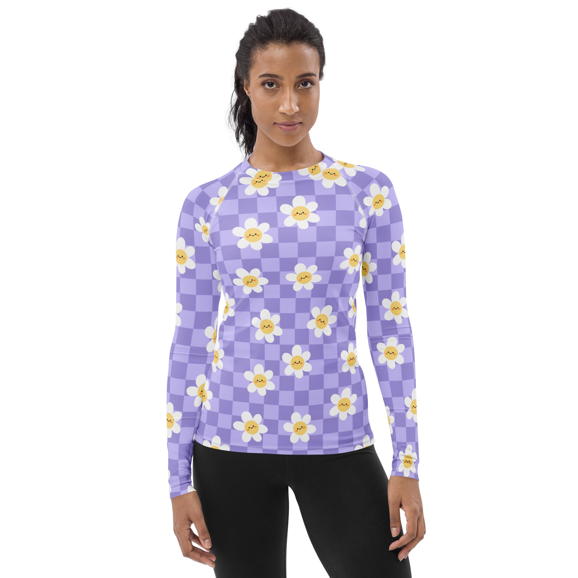 Women's Purple Checkerboard Daisy Long Sleeve Rash Guard Swim Shirt – Buttery Soft, Sun Safe UPF 50+ Protection, Quick Dry & 4-Way Stretch Comfort