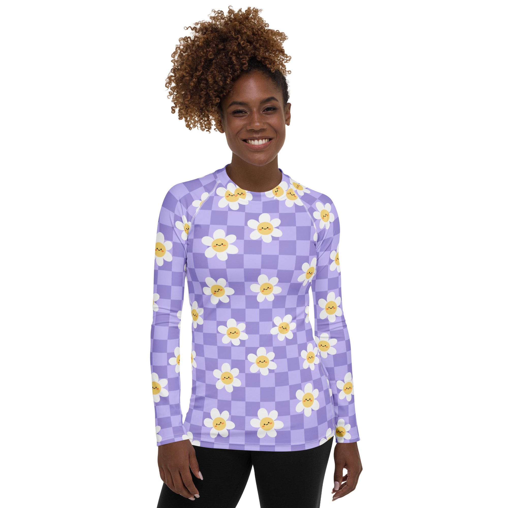 Women's Purple Checkerboard Daisy Long Sleeve Rash Guard Swim Shirt – Buttery Soft, Sun Safe UPF 50+ Protection, Quick Dry & 4-Way Stretch Comfort