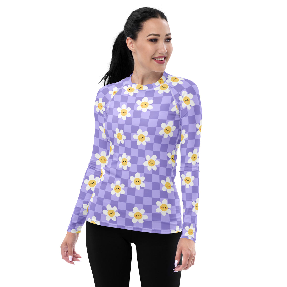 Women's Purple Checkerboard Daisy Long Sleeve Rash Guard Swim Shirt – Buttery Soft, Sun Safe UPF 50+ Protection, Quick Dry & 4-Way Stretch Comfort