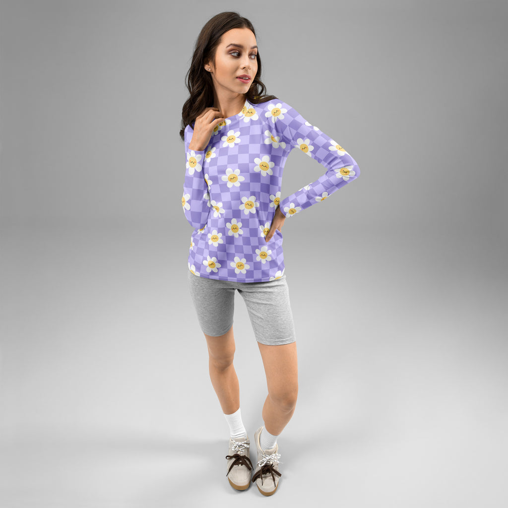 Women's Purple Checkerboard Daisy Long Sleeve Rash Guard Swim Shirt – Buttery Soft, Sun Safe UPF 50+ Protection, Quick Dry & 4-Way Stretch Comfort