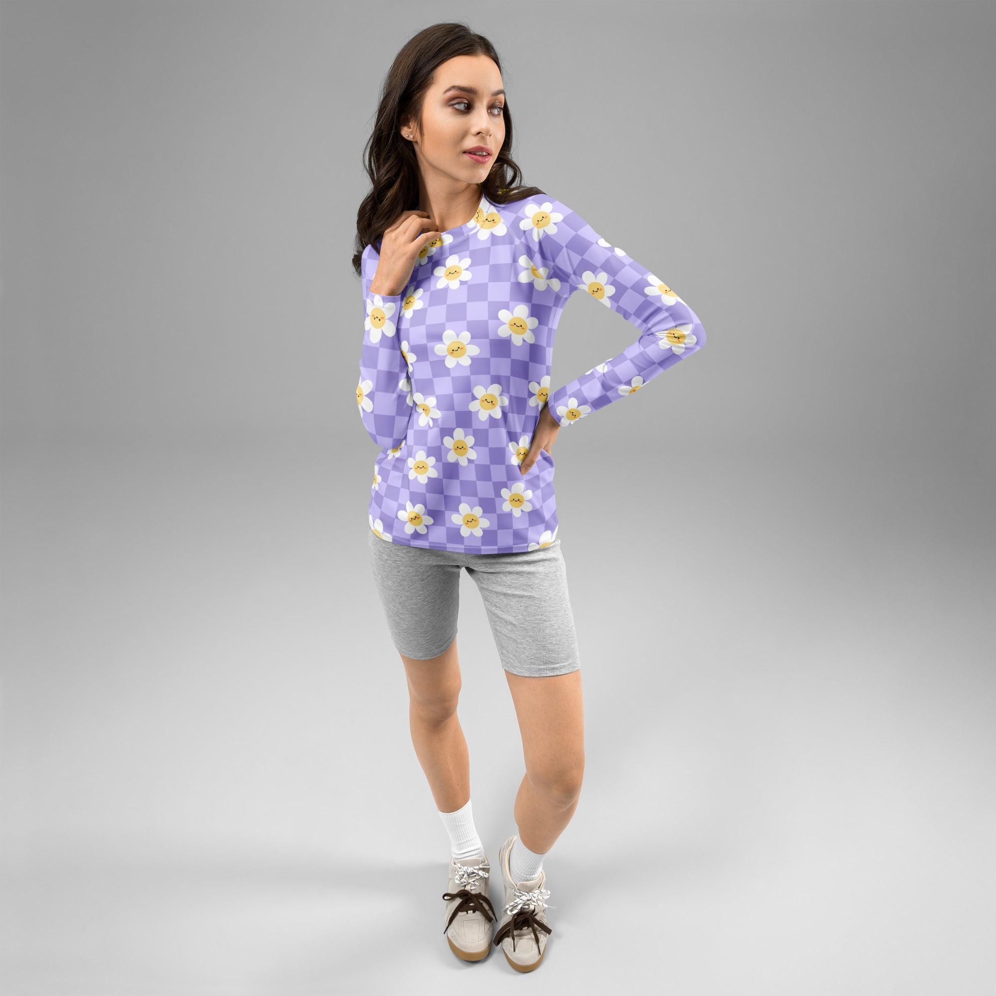 Women's Purple Checkerboard Daisy Long Sleeve Rash Guard Swim Shirt – Buttery Soft, Sun Safe UPF 50+ Protection, Quick Dry & 4-Way Stretch Comfort