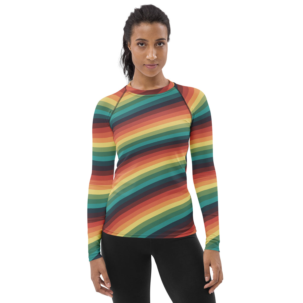 Women's Vintage Rainbow Stripe Long Sleeve Rash Guard Swim Shirt – Buttery Soft, Sun Safe UPF 50+ Protection, Quick Dry & 4-Way Stretch Comfort