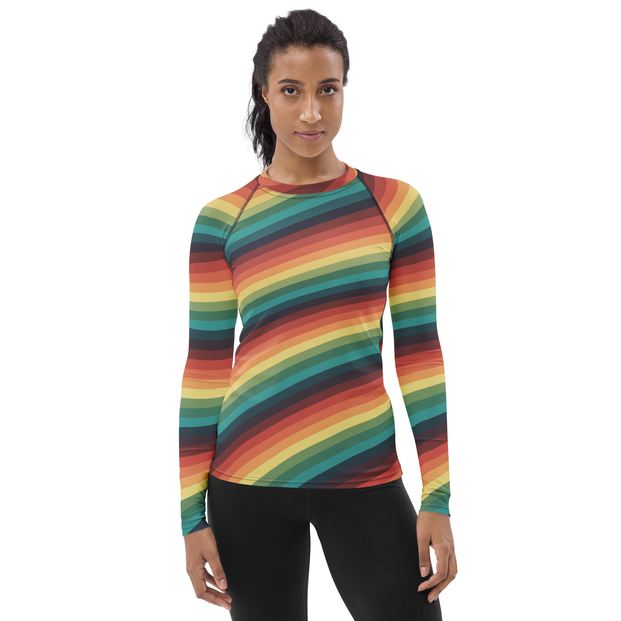 Women's Vintage Rainbow Stripe Long Sleeve Rash Guard Swim Shirt – Buttery Soft, Sun Safe UPF 50+ Protection, Quick Dry & 4-Way Stretch Comfort