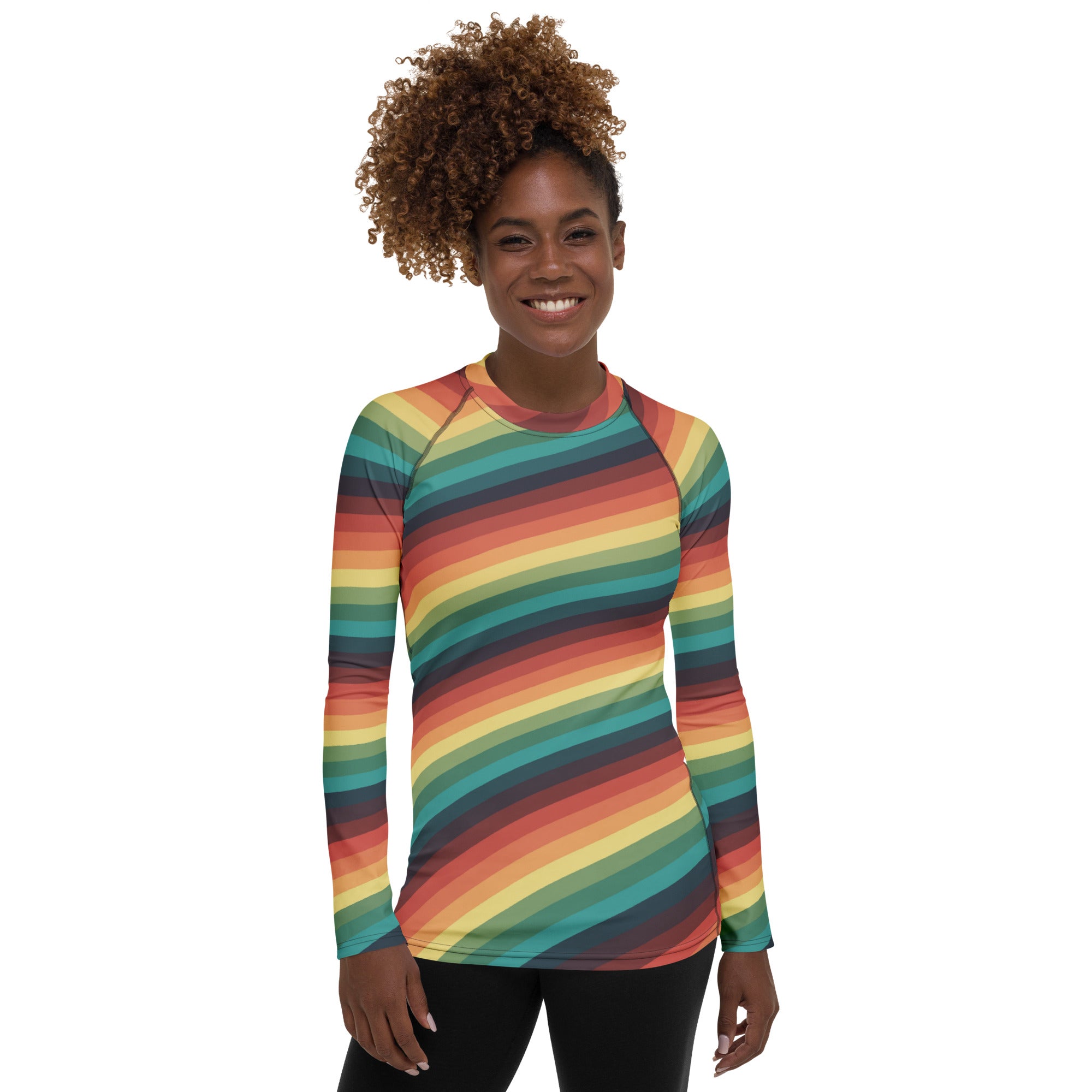 Women's Vintage Rainbow Stripe Long Sleeve Rash Guard Swim Shirt – Buttery Soft, Sun Safe UPF 50+ Protection, Quick Dry & 4-Way Stretch Comfort
