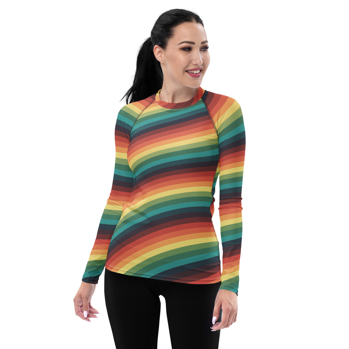Women's Vintage Rainbow Stripe Long Sleeve Rash Guard Swim Shirt – Buttery Soft, Sun Safe UPF 50+ Protection, Quick Dry & 4-Way Stretch Comfort