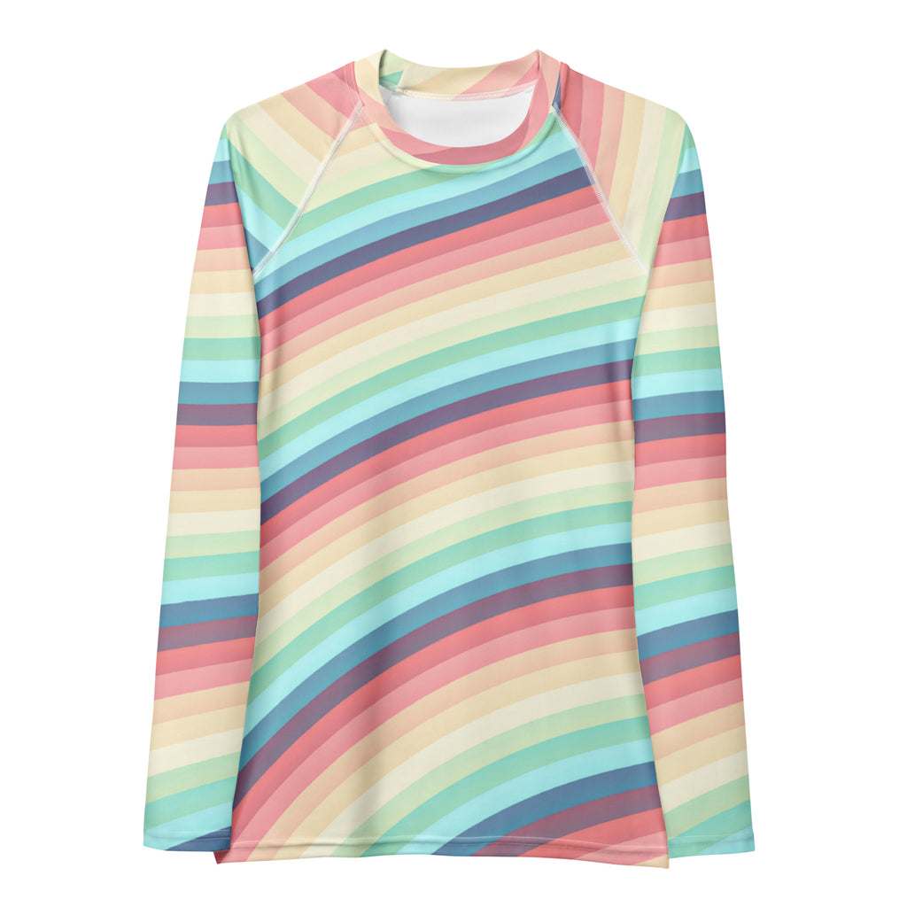 Women's Bright Rainbow Vintage Stripe Long Sleeve Rash Guard Swim Shirt – Buttery Soft, Sun Safe UPF 50+ Protection, Quick Dry & 4-Way Stretch Comfort