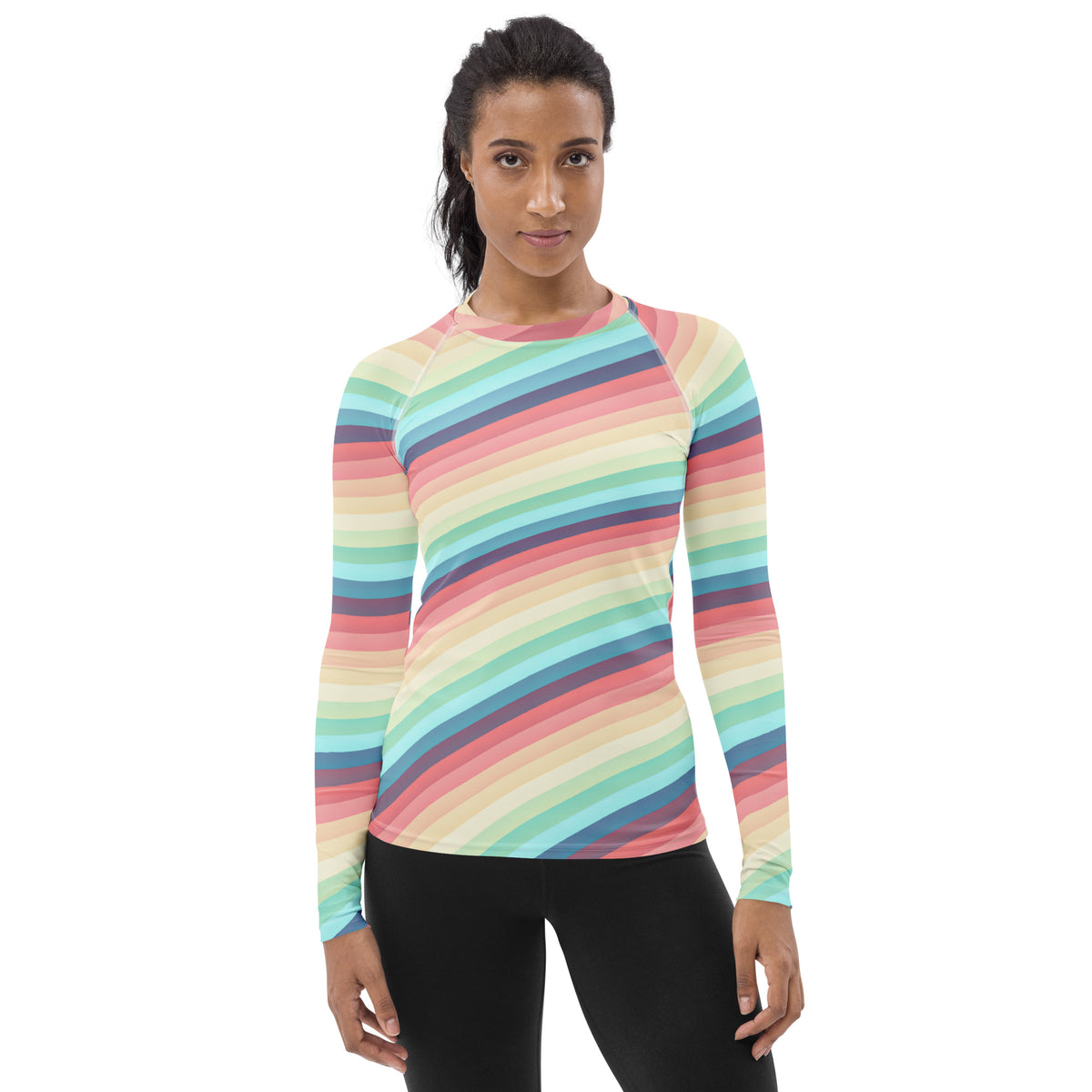 Women's Bright Rainbow Vintage Stripe Long Sleeve Rash Guard Swim Shirt – Buttery Soft, Sun Safe UPF 50+ Protection, Quick Dry & 4-Way Stretch Comfort