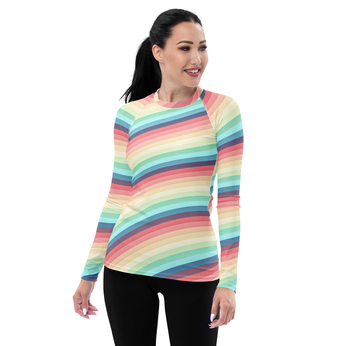 Women's Bright Rainbow Vintage Stripe Long Sleeve Rash Guard Swim Shirt – Buttery Soft, Sun Safe UPF 50+ Protection, Quick Dry & 4-Way Stretch Comfort