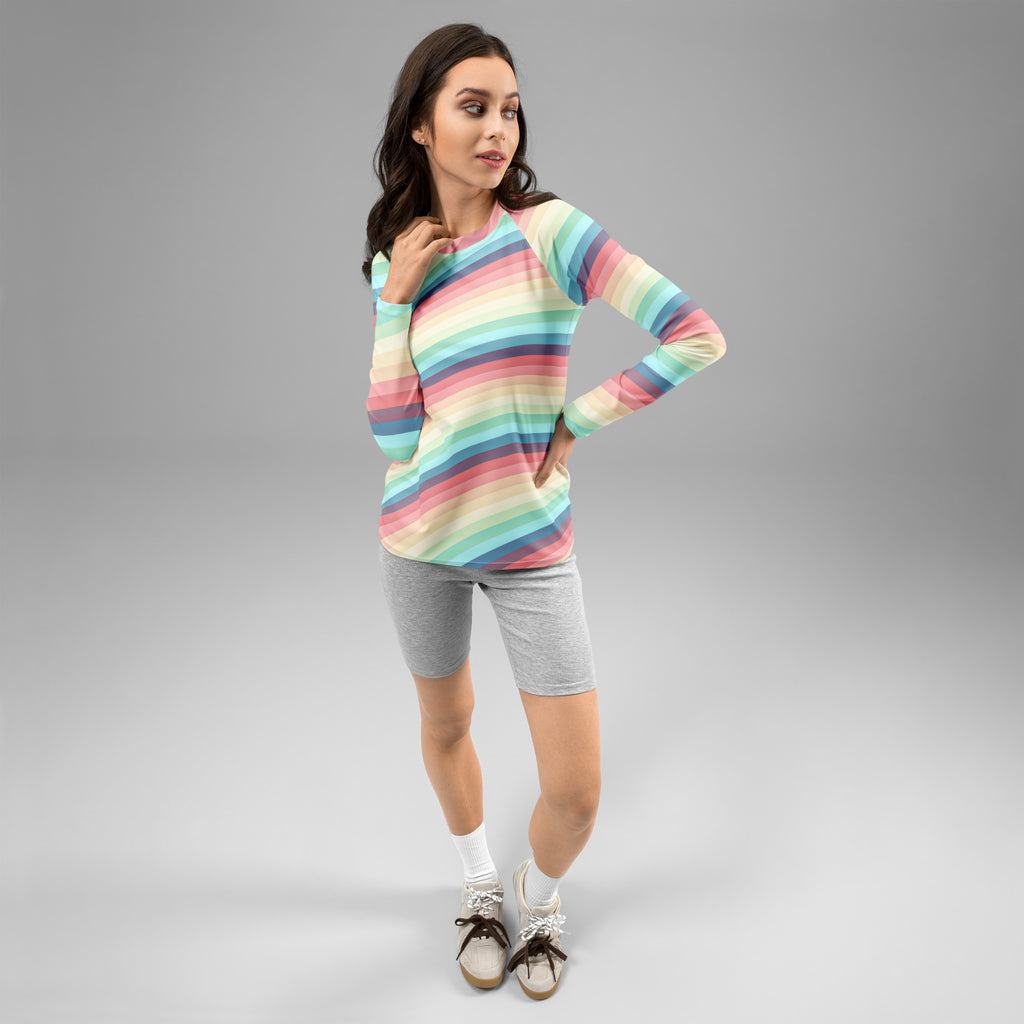 Women's Bright Rainbow Vintage Stripe Long Sleeve Rash Guard Swim Shirt – Buttery Soft, Sun Safe UPF 50+ Protection, Quick Dry & 4-Way Stretch Comfort