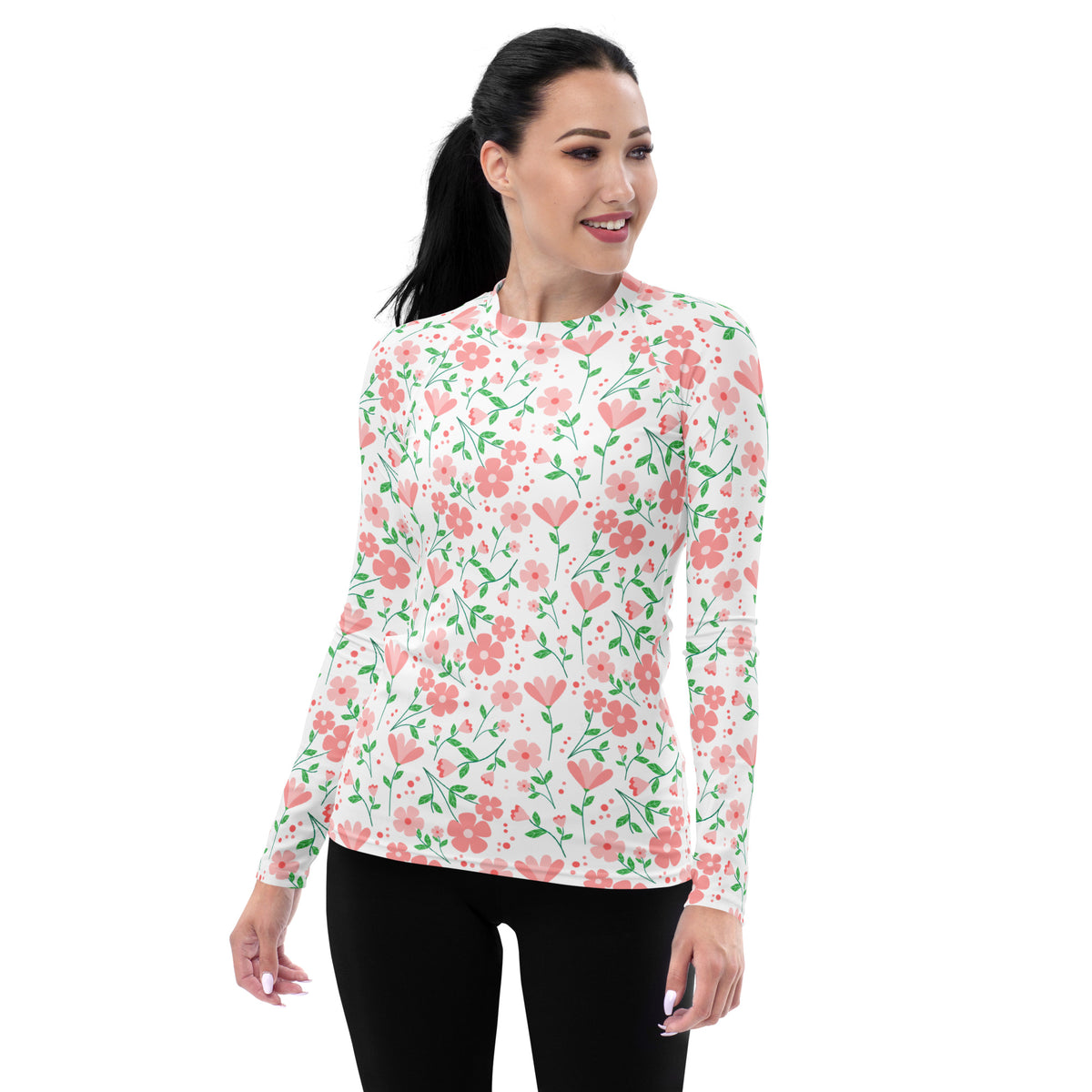 Women's Pink Dainty Flower Long Sleeve Rash Guard Swim Shirt – Buttery Soft, Sun Safe UPF 50+ Protection, Quick Dry & 4-Way Stretch Comfort